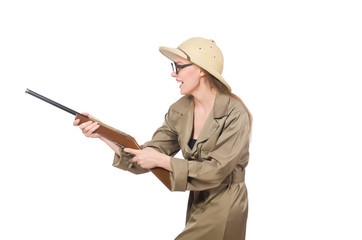 Woman wearing safari hat on white