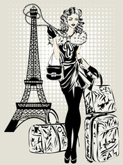 Wall Mural - Black and white illustration of Fashion woman near Eiffel Tower with baggage
