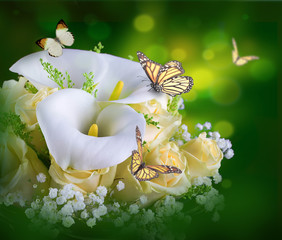 Fotomurales - Bouquet for the bride of yellow roses and white calla lilies, butterfly.