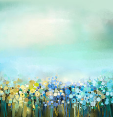 Abstract art oil painting of flowers plant. Dandelion flower in fields. Meadow landscape with wildflower. Green-blue sky color. Hand Paint floral Impressionist. Summer-spring nature background