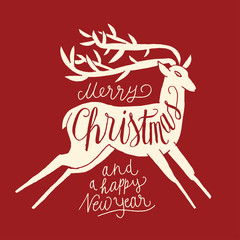 Wall Mural - christmas deer label. red background.