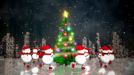 snowmen skating round the christmas tree at skyline background. loop animation.