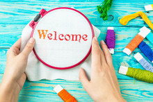Welcome Phrase Embroidered Inscription Word Alphabet Letters. 