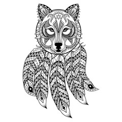 Wall Mural - Vector ornamental Wolf with dreamcatcher, ethnic zentangled masc