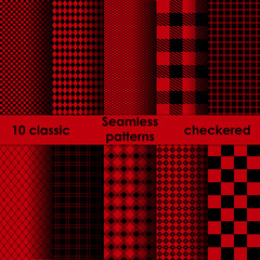 Wall Mural - Set of checkered simple red and black fabric seamless pattern.