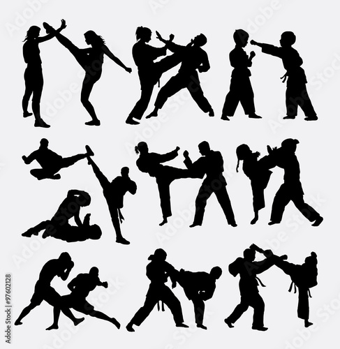 Plakaty Kung fu  ludzie-walczacy-pojedynki-sylwetki-sztuki-walki-dobre-wykorzystanie-symbolu-logo-ikony-sieci-web-naklejki