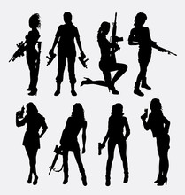 Woman And Gun Silhouettes. Good Use For Symbol, Logo, Icon, Mascot, Avatar, Or Any Design You Want. Easy To Use, Edit, Or Change Color.