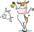 cheerful cow ringing a bell and goat peeking around the corner - vector illustration