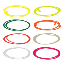 Series Of Red, Yellow, Blue, Brown, Green  Highlight Pen Circle, Hand Draw Circles Set In Various Colors.