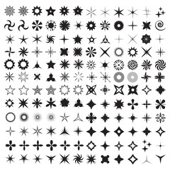 Super Set of vector sparkles icons. Star elements, camera lens light, bright stars bursts and light effect from water or glass collection. More than hundred handmade elements.