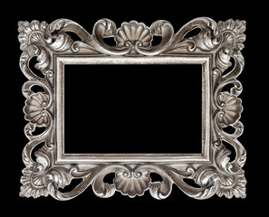 Wall Mural - Vintage silver baroque style picture frame isolated over black