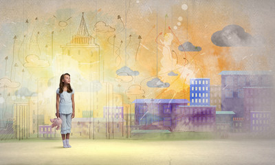 Wall Mural - Little girl with bear
