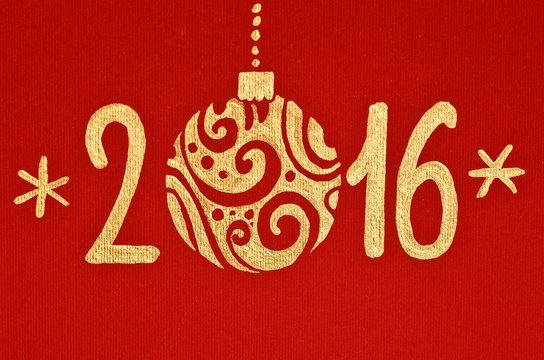 2016 Happy New Year Greeting Card Gold Inscription on Red Background
