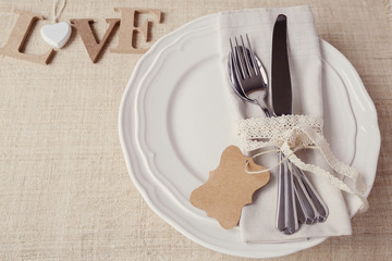 Wall Mural - Valentine table setting copy space background, selective focus, vintage tone