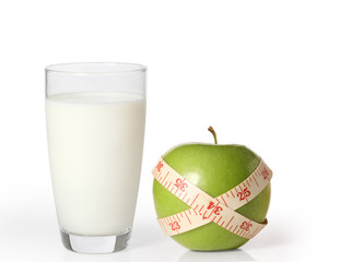 apple  and milk on a white background..