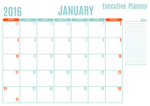 Executive Planning Calendar New Year On White Background, January 2016, Week Start Sunday, Vector Illustration