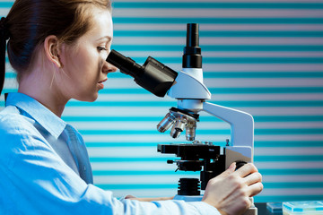 Wall Mural - Scientist using a microscope in a laboratory