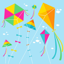 Colorful Kites In The Sky. Vector Illustration