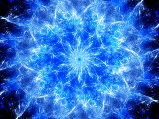 Poster - Blue glowing mandala shaped explosion in space