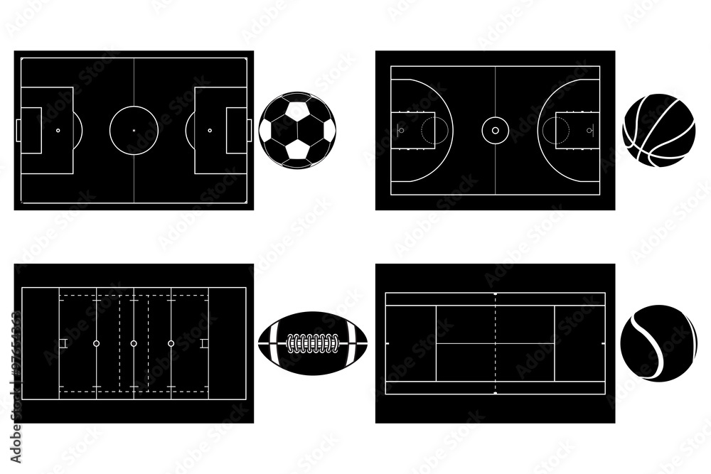 Basketball , soccer, tennis and american football ball. Basketball court. Tennis court. American football field. Soccer field. Green football stadium Top view.