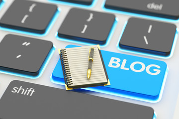 Poster - Internet communication, social media networking and blogging concept, closeup view of notebook with pen on computer keyboard key with blog text