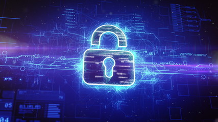 Abstract animation of a digital padlock in cyber space