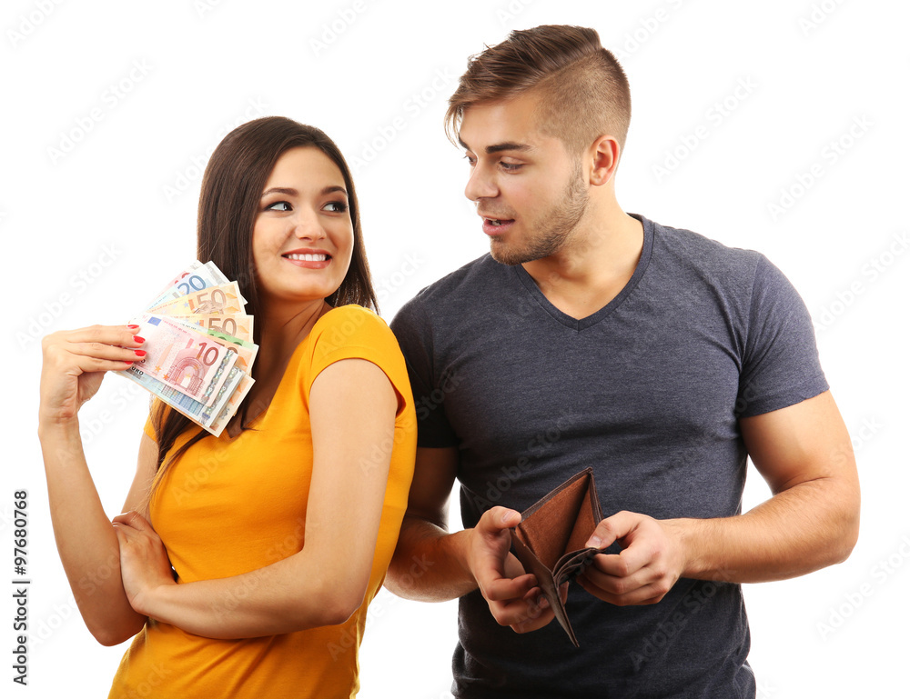 Couple with money banknotes isolated on white