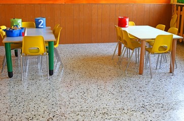 Wall Mural - classroom of a nursery with the little yellow chairs and tables