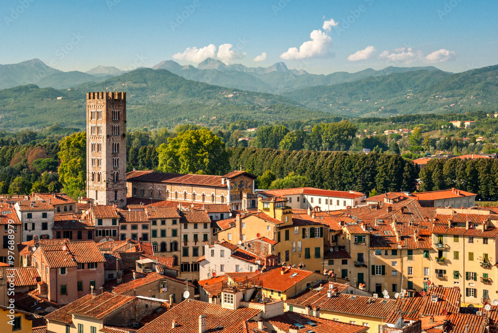 Lucca (Tuscany Italy) panorama with the Cathedral - obrazy, fototapety, plakaty 