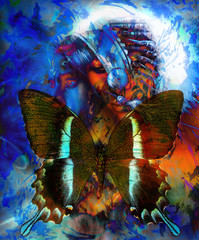 Leinwandbilder - beautiful painting of a young indian warrior wearing a gorgeous feather headdress and butterfly, profile portrait. abstract color background. Transformation concept, blue, black and white color.