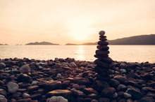 Zen Meditation Background,Balanced Stones Stack Close Up On Sea