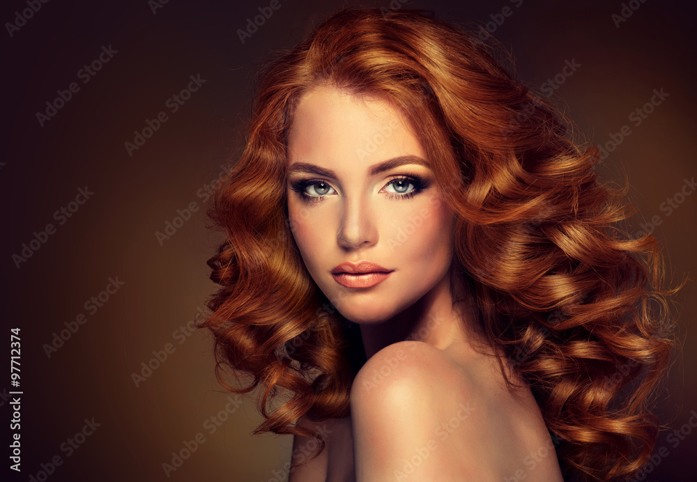 Fotografering Girl model with long red wavy hair