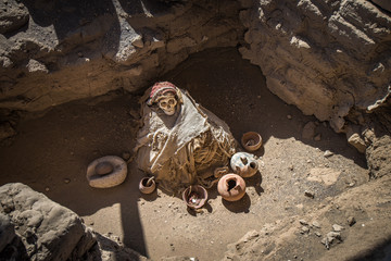 Chauchilla Cemetery with prehispanic mummies in Nazca desert, Pe