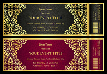 Vintage black and red ticket with golden ornament 