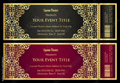 Fotografía Vintage black and red ticket with golden ornament