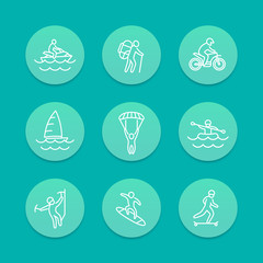 Wall Mural - extreme outdoor activities line aquamarine icons, vector illustration