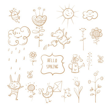 Vector spring set. Cartoon animals and plants.