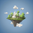 Island floating in the sky with wind turbine and trees, low poly style.