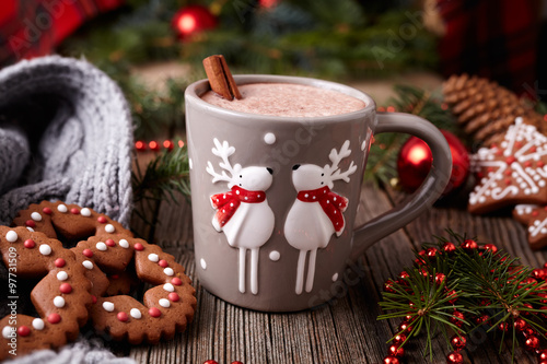 Cup Of Hot Chocolate Or Cocoa Beverage With Two Cute Deer
