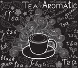 Endless food and drink texture with tea cup, tea leaves and words "tea", handwritten by chalk on grey board, vector