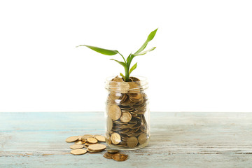 Poster - Money and growing sprout in glass jar on table