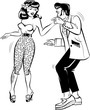 Teddy boy and Rockabilly pinup girl dancing to rock and roll music drawn in comic art style