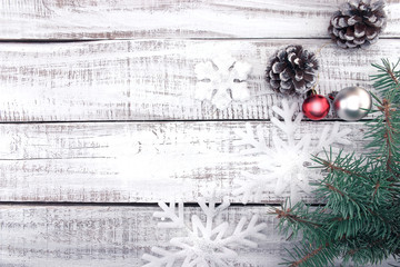 Wall Mural - Christmas decoration frame on white rustic wooden background 