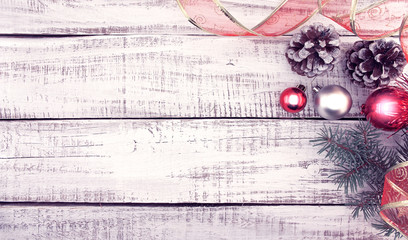 Wall Mural - Christmas decoration frame on white rustic wooden background 