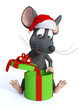 Cartoon mouse wearing Santa hat and opening Christmas gift.