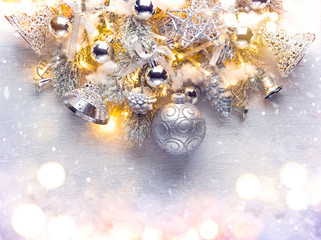 Wall Mural - christmas holiday background decorated with baubles and light garland
