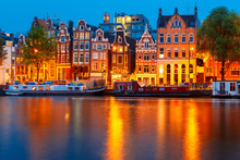 Night City View Of Amsterdam Canal 