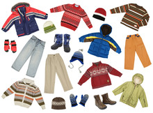 Color- And Size-coordinated Collection Of Boys Winter Clothes, Isolated On White