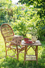 Picnic With Strawberries And Cherries In The Garden