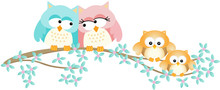 Cute Owl Family On Spring Tree Branch